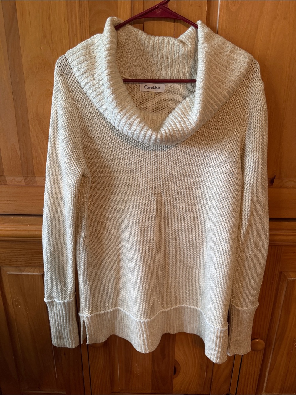 Calvin Klein Ivory with Gold Glittery Stitching Cowl Neck Sweater